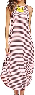 Halife - Vestido largo para mujer, vestido sin mangas y diseño a rayas, estilo holgado para verano y playa.