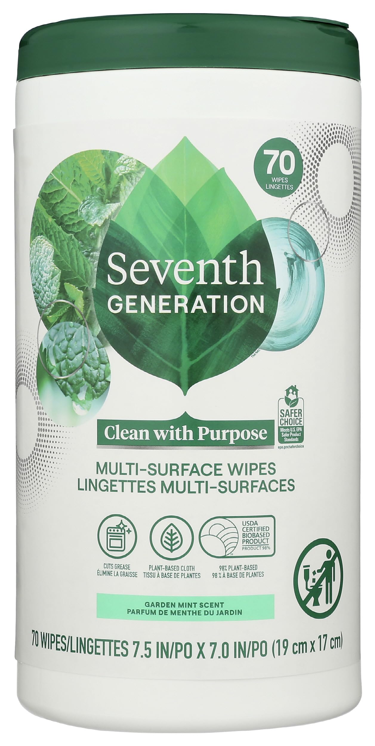 Seventh Generation Multi-Surface Wipes Garden Mint Scented 70 Count