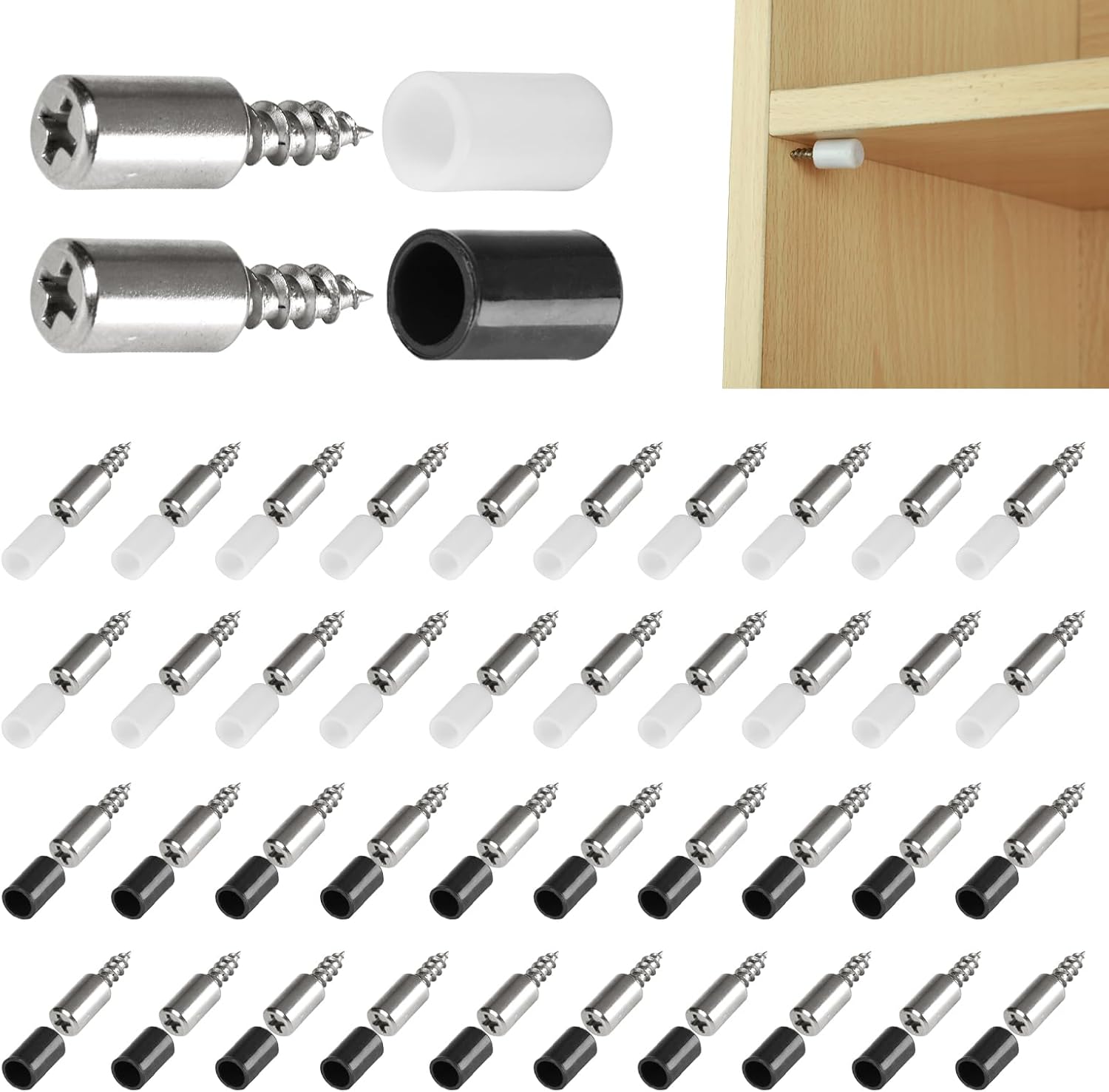 Shelf Support Pegs, 40 PCS Self-Tapping Screws Cabinet Laminate Support Shelf Pins, Metal Cupboard Shelf Support Pegs with Anti-Slip Cover, for Cupboards Cabinet Wardrobe (White, Black)
