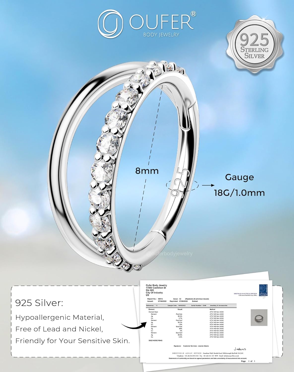 OUFER Double Hoop Nose Rings, 925 Sterling Silver Nose Rings Hoops, Hinged Segment CZ Helix Piercing Jewelry, 18G Septum Clicker Lip Rings, Cartilage Rook Tragus Daith Conch Piercing Jewelry-8MM - Image 4