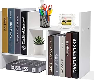 Hossejoy Desktop Organiser Office Storage Rack Adjustable Wood Desk Organizer Display Shelf, Countertop Bookcase Desktop Bookshelf- Free Style Double H Display (White)