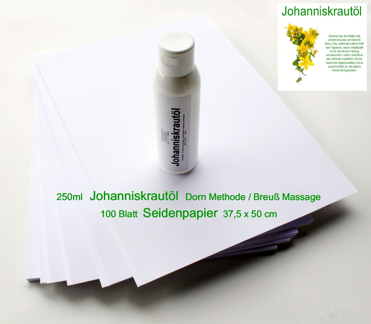 Set - 250ml Johanniskrautöl + 100 Blatt Seidenpapier (37,5 cm x 50,0 cm) für Dorn Methode/Breuß Massage