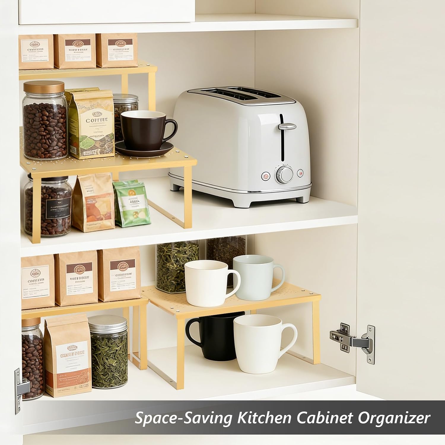 SMILECAT Spice Racks, Double-Layer Kitchen Cabinet Shelf Organizer. Metal Pantry Shelves Countertop Organizers and Storage for Cabinets,Pantry,Cupboard. Gold