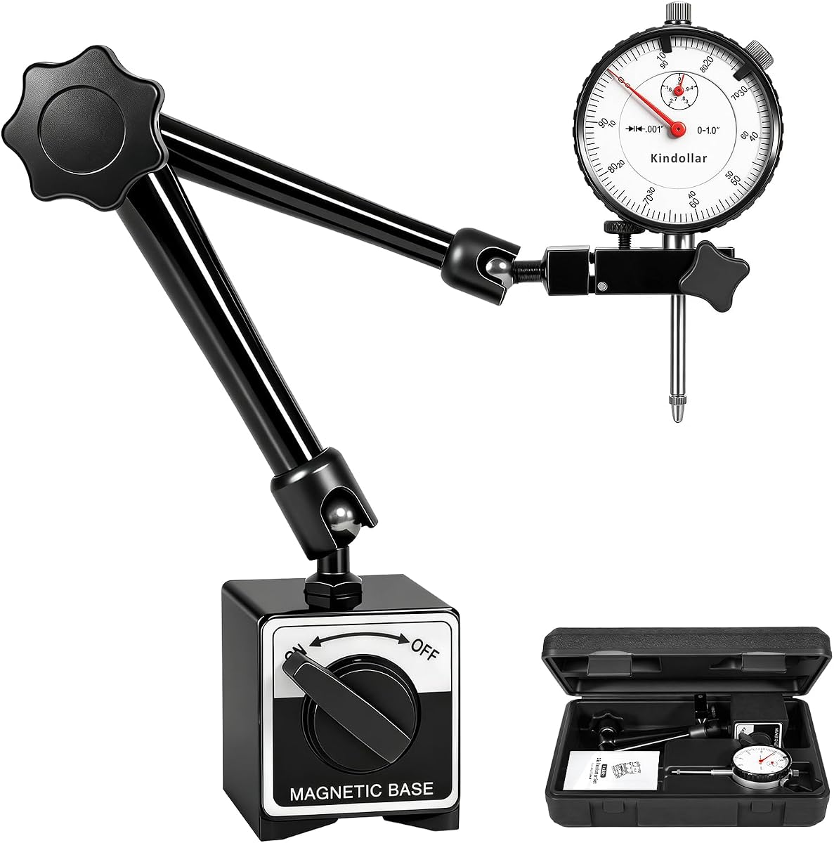 Indicador de dial con base magnética, indicadores de prueba de dial de 0 a 1 pulgada, graduación de 0,001 pulgadas, juego de medidor de descentramiento de base magnética de 132 libras