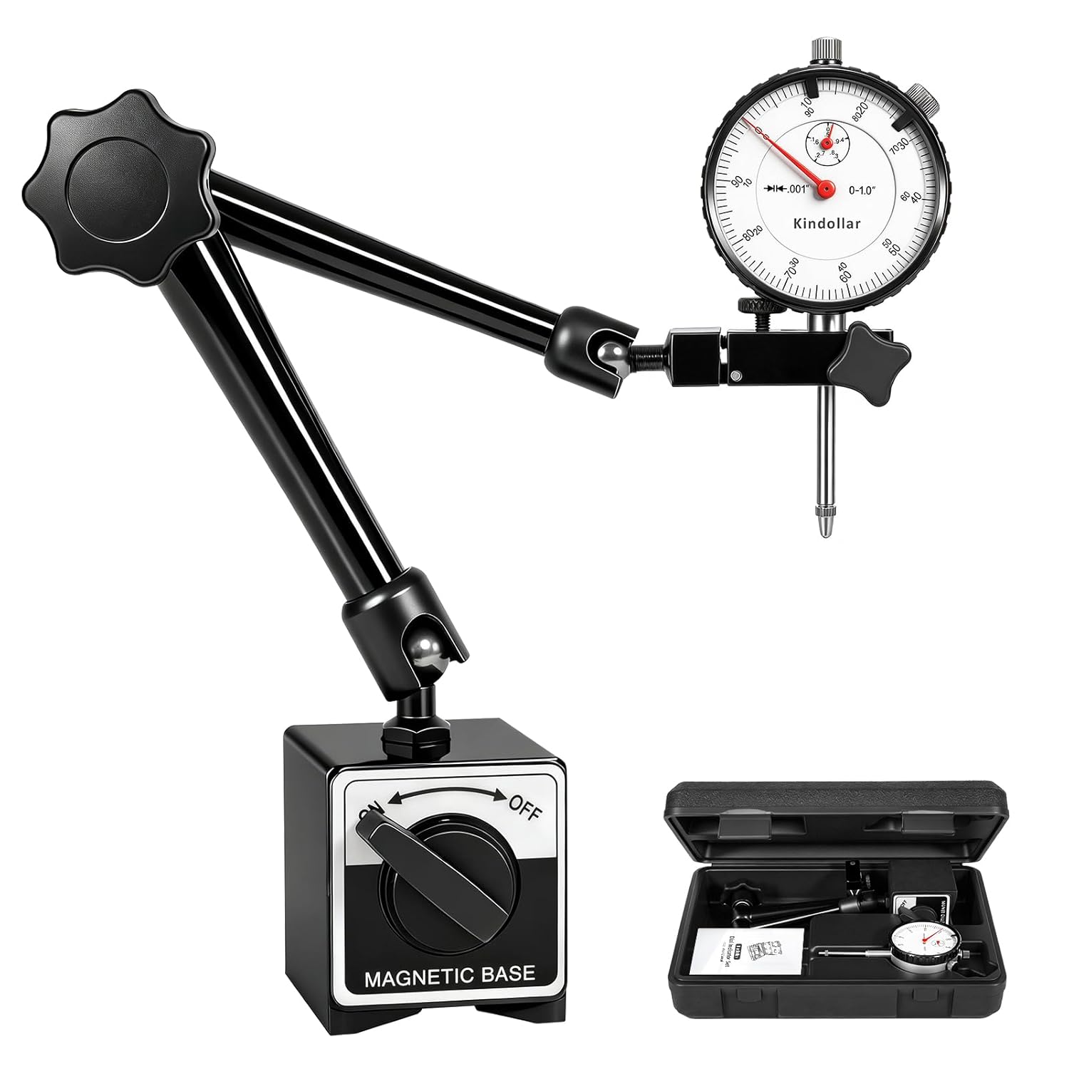 Dial Indicator with Magnetic Base, 0-1 inch Dial Test Gauge Indicators Graduation 0.001",132lbs Mag Base Runout Gauge Set
