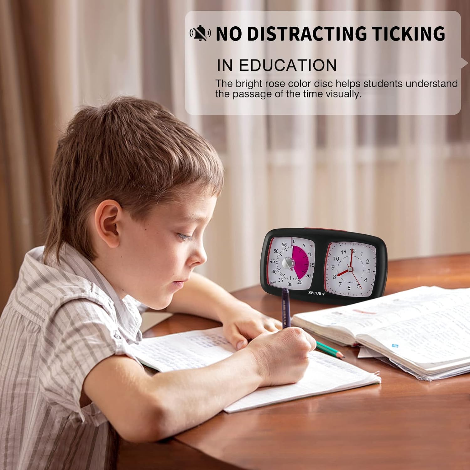Secura 2 in 1 Visual Timer/Alarm Clock, 60-Minute Silent Study Timer & Table Clock, Time Management Countdown Tool for Kids, Adults, and Teachers (Black)