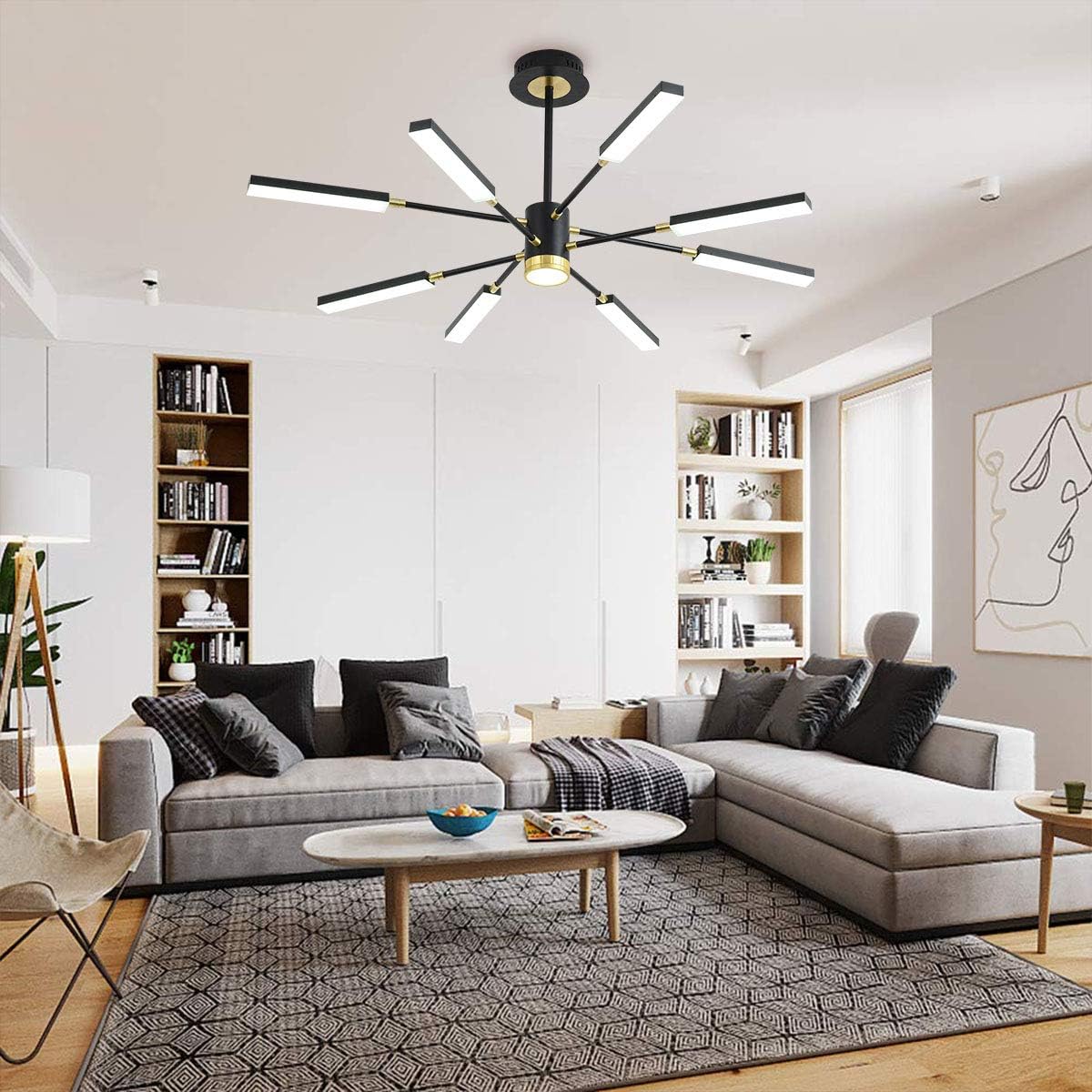 Best Deal Product Sputnik Chandeliers,Garwarm 8-Lights Modern LED Chandelier, Pendant Lighting Fixture for Bedroom Livingroom Dinning Room,Black+Gold,6500K