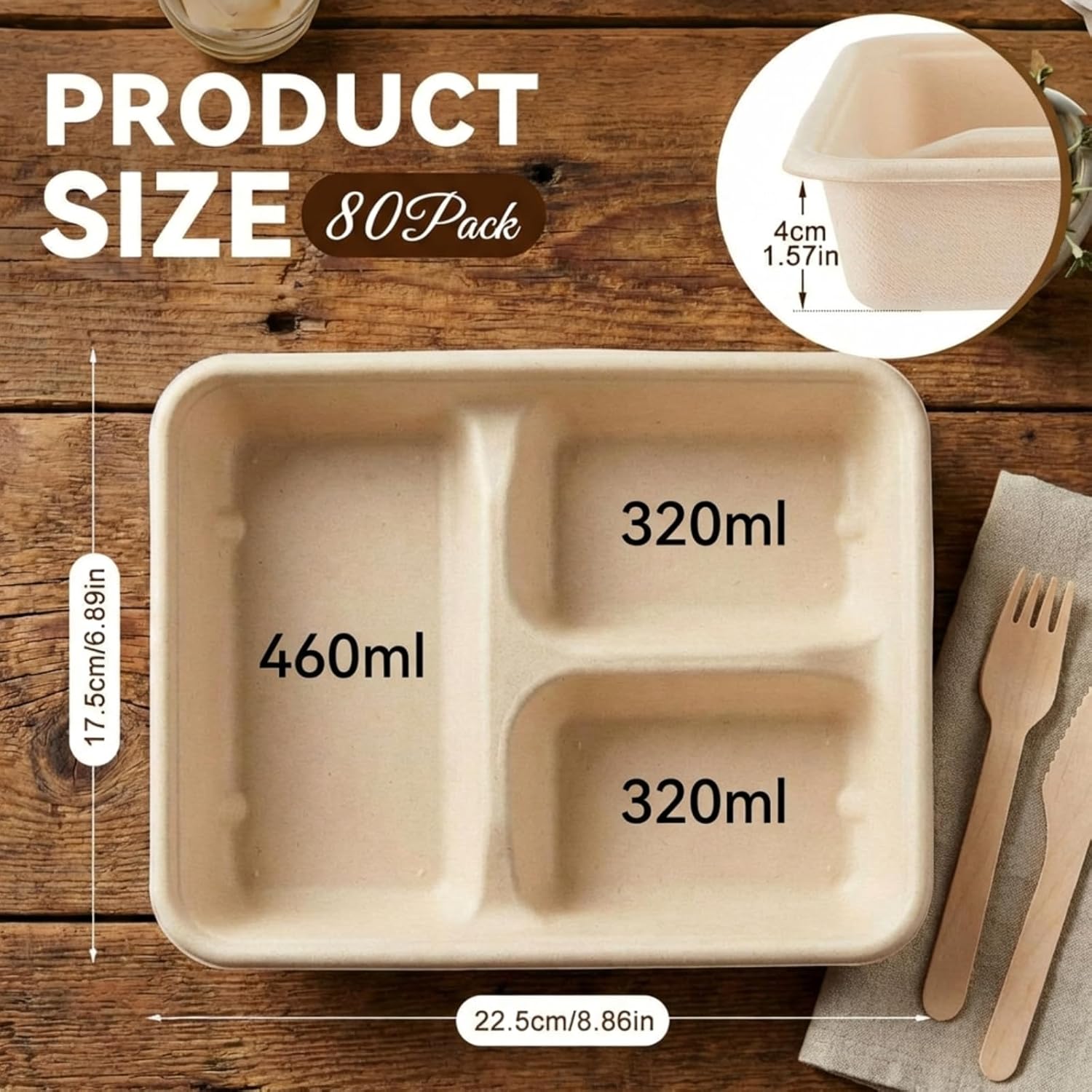 Havawish 80 Pack 37 oz 3 Compartment Deepen Disposable Plate, 8.9" x 6.9" x 1.6" Compostable Square Lunch Tray Heavy Duty Biodegradable Bagasse Divided Sectional Bowl for Party Catering Meal Prep - Image 2