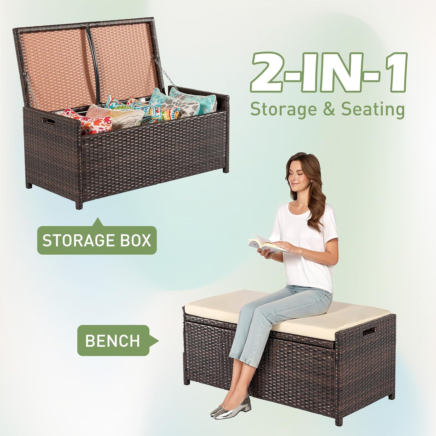 Deck Box Outdoor Storage Box Bench, PE Rattan Storage Bin with Built-in Handle and Beige Cushion for Pool and Garden Accessories
