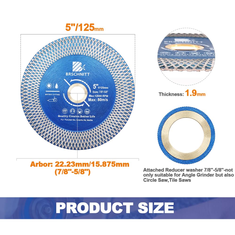 diamond porcelain tile saw blade - brschnitt 2pcs 5" super thin diamond cutting grinding disc with x teeth arbor 7/8“-5/8“ for ceramic tiles,granite,marble angle grinder circle saw blade 2 125mm(5")