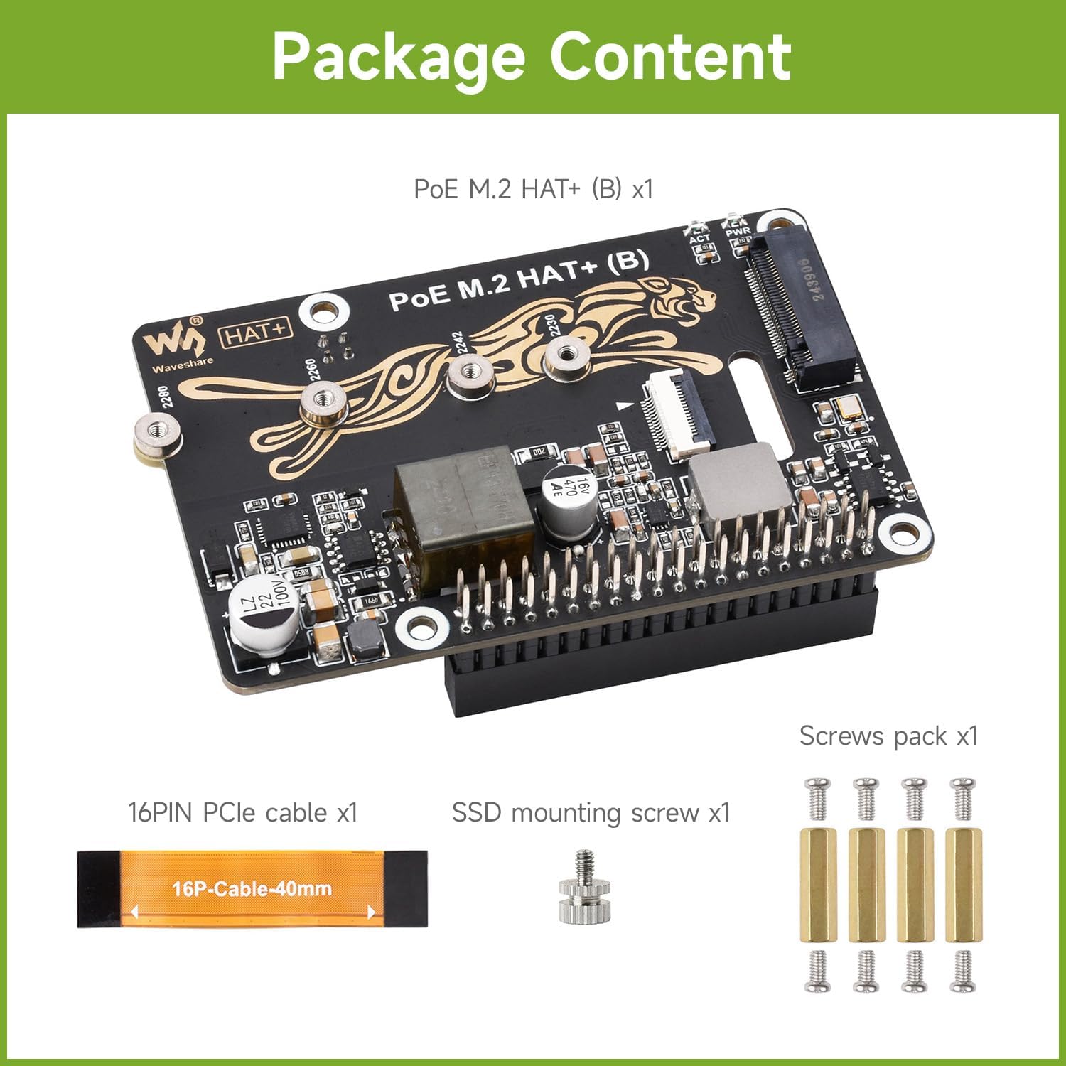 Waveshare PCIe to M.2 Adapter with PoE Function HAT+ (B), Compatible with Raspberry Pi 5, Supports POE NVMe Drive Protocol 2230/2242 / 2260/2280 M.2 Solid State Drive, High-Speed Reading/Writing