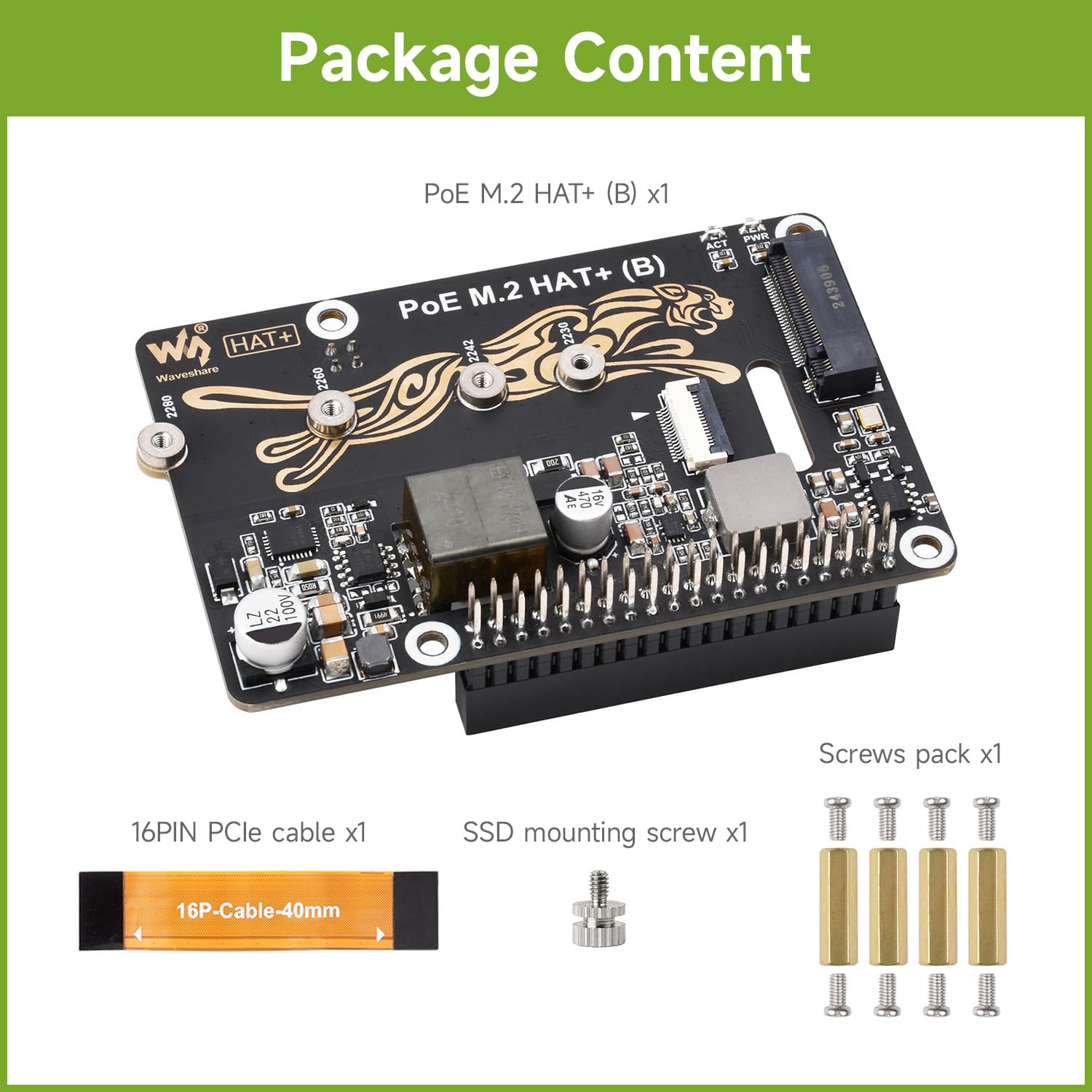 Waveshare PCIe to M.2 Adapter with PoE Function HAT+ (B), Compatible with Raspberry Pi 5, Supports POE NVMe Drive Protocol 2230/2242 / 2260/2280 M.2 Solid State Drive, High-Speed Reading/Writing