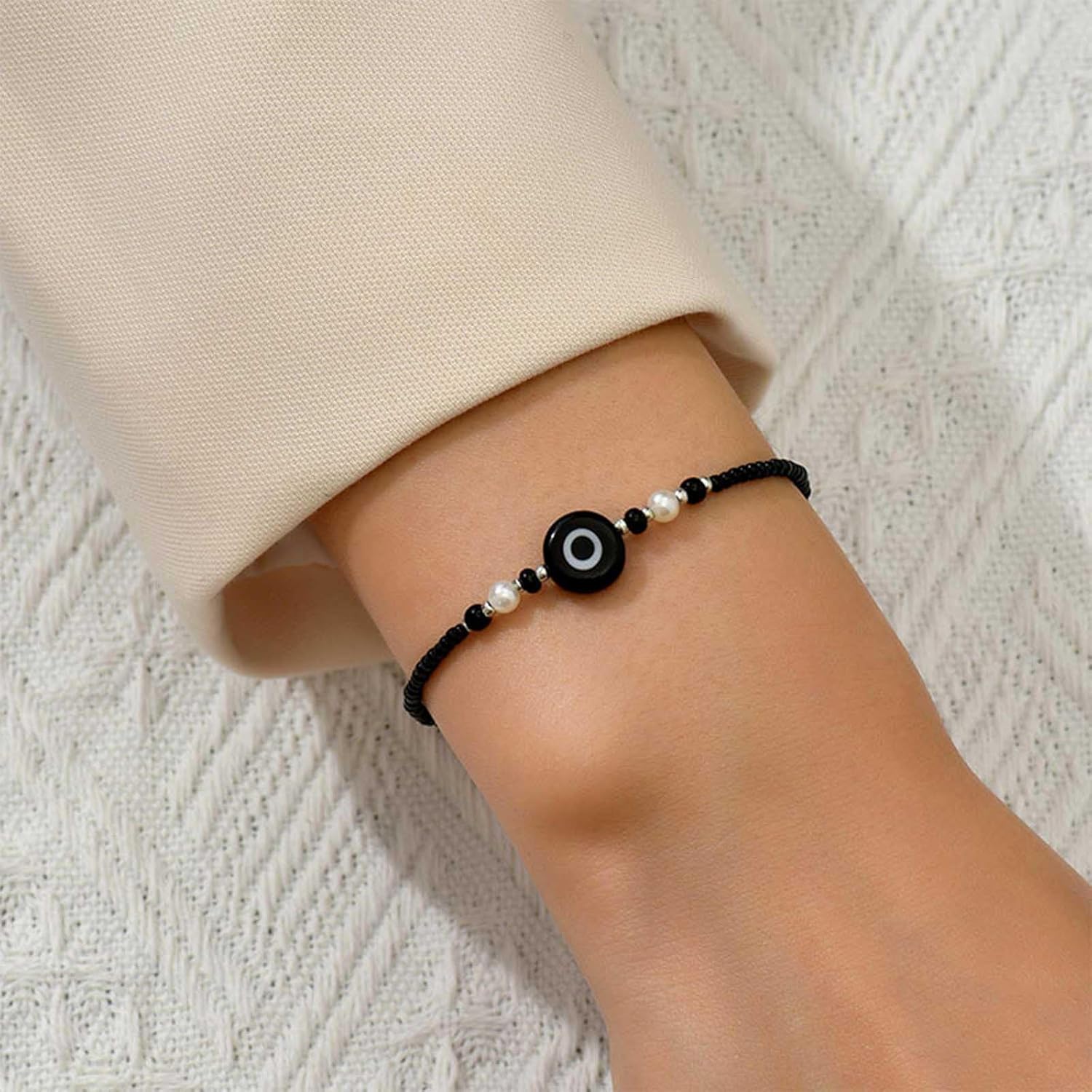 Vintage Evil Eye Bracelet Black Seed Bead Bracelet Rice Bead Hand Chain Devil Eye Chain Bracelet Jewelry for Women - Image 2