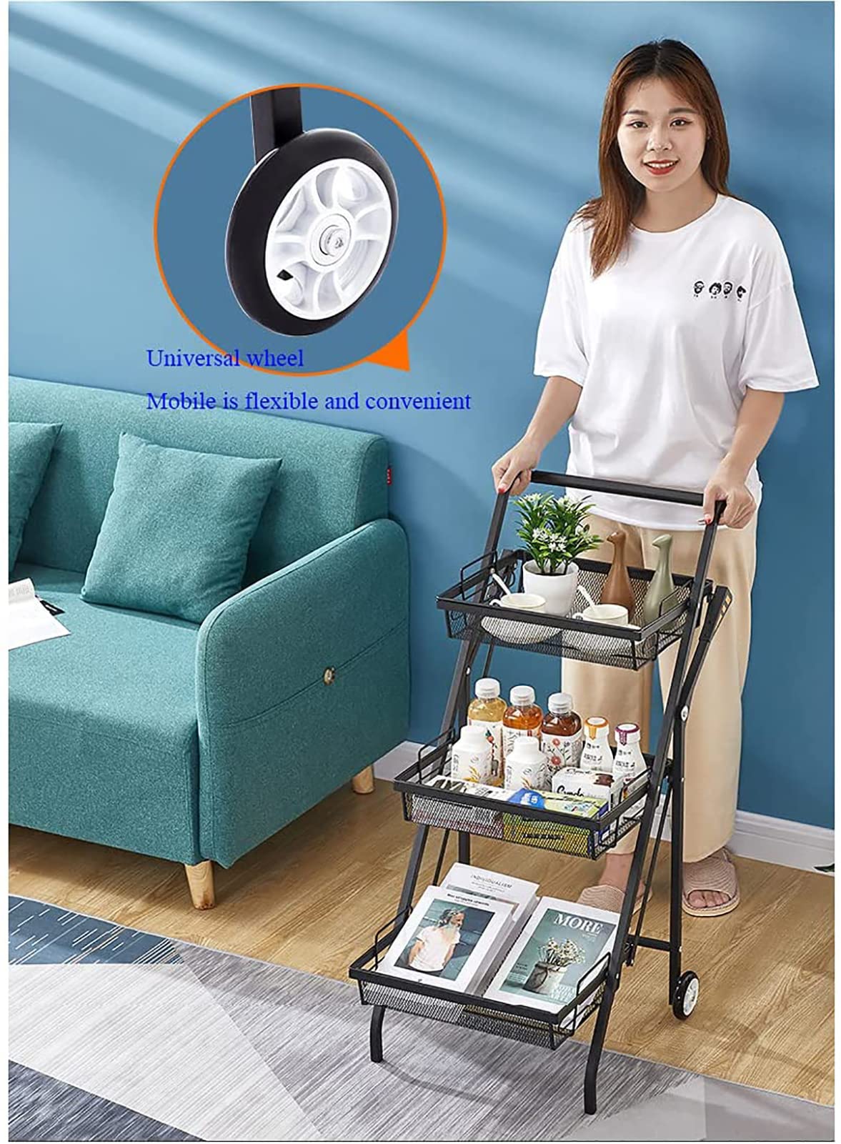 Carrito de almacenamiento de metal de 3 niveles con ruedas, carrito plegable para cocina, baño, oficina, lavandería, color negro