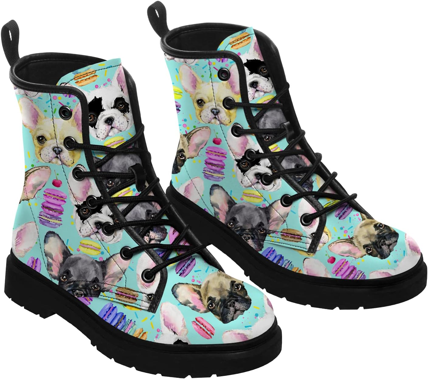 Dog Print Boots Womens Mens Combat Boots Vegan Leather Lace Up Ankle Boots Dog Lovers Waterproof Shoes Gifts for Him Her