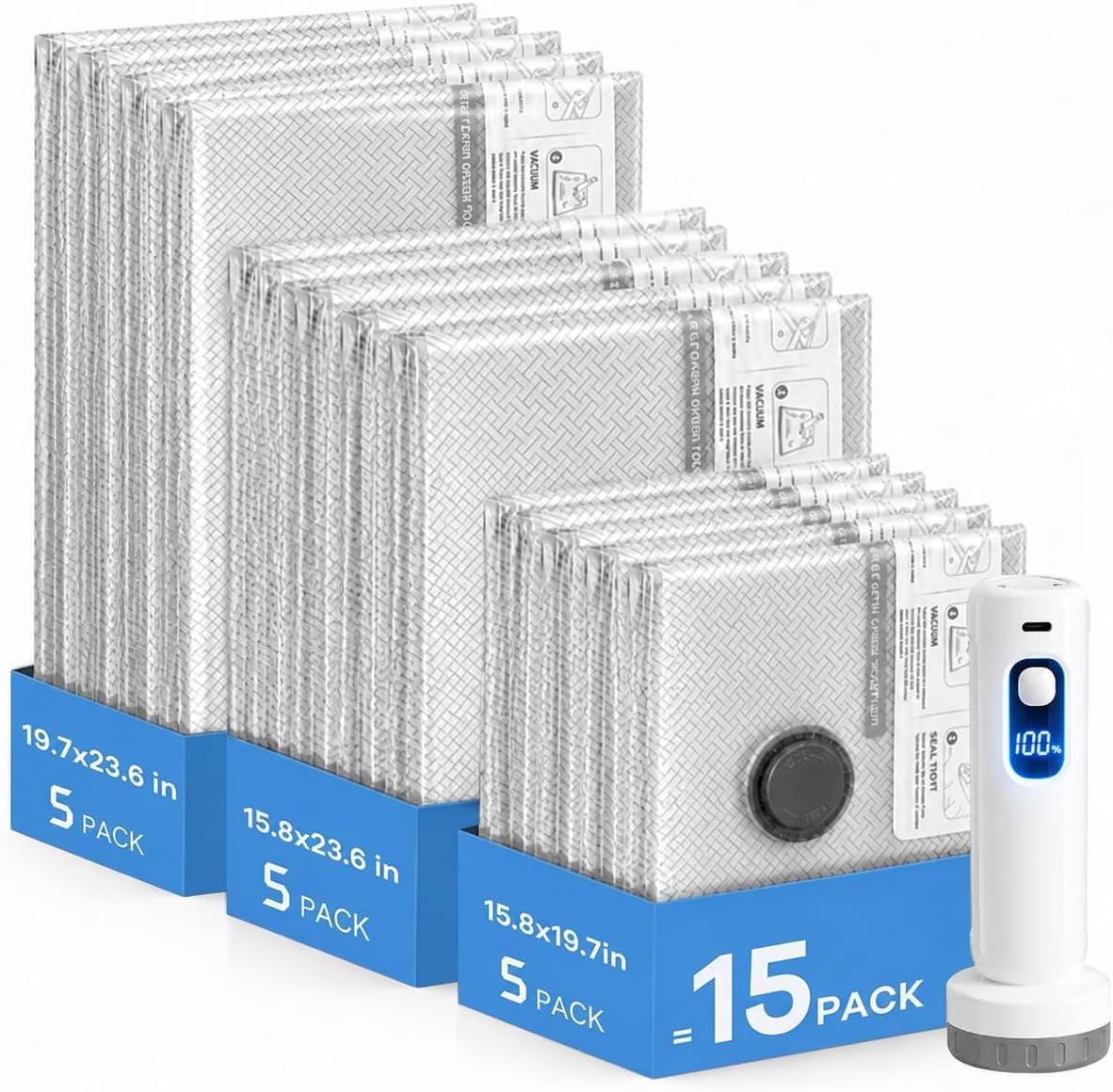 15 Pack Vacuum Bags for Travel with Rechargeable Cordless Electric Pump, Carry-On Packing Bags for Luggage and Suitcases, Space Saver Bags for Clothes, 3 Sizes, LED Digital Display