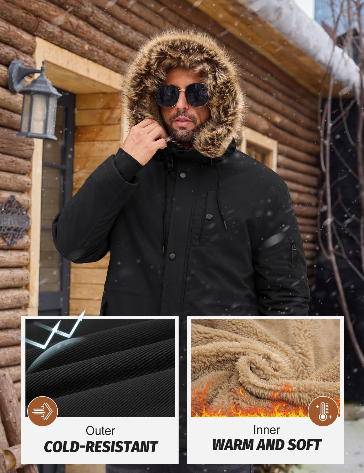 Xnova Abrigo Largo Hombre Invierno Chaqueta Parka con Forro Polar Cálido Cazadora de Algodón con Capucha y Cremallera Chaquetones Termicas con Cuello de Piel Desmontable