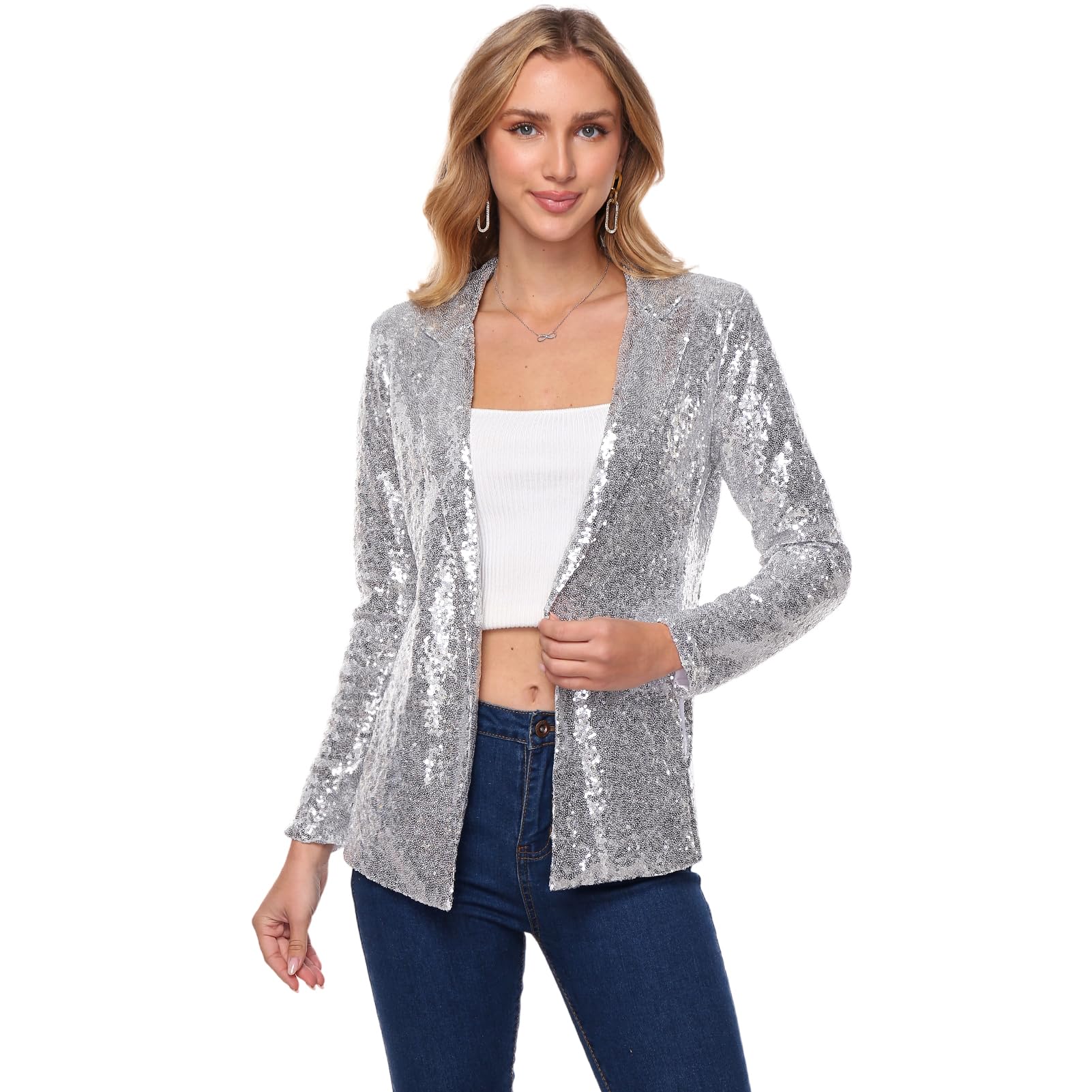 Womens Sequin Jacket Open Front Sparkly Blazer Jackets Casual Long Sleeve Party Glitter Cardigan Coat with Pockets