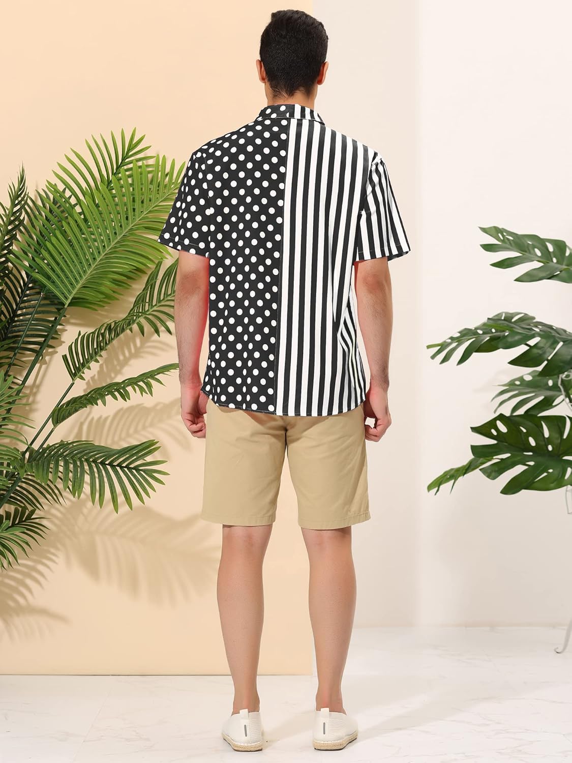 Lars Amadeus Men's Summer Stripe Polka Dots Short Sleeves Button Patchwork Hawaiian Shirt - Image 5