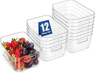 Hudgan 12 Pack Clear Storage Bins for Fridge, Plastic Pantry Organizer Containers for Home, Kitchen Cabinet, Freezer, Bathroom Shelf, Vanity, Drawers, Office