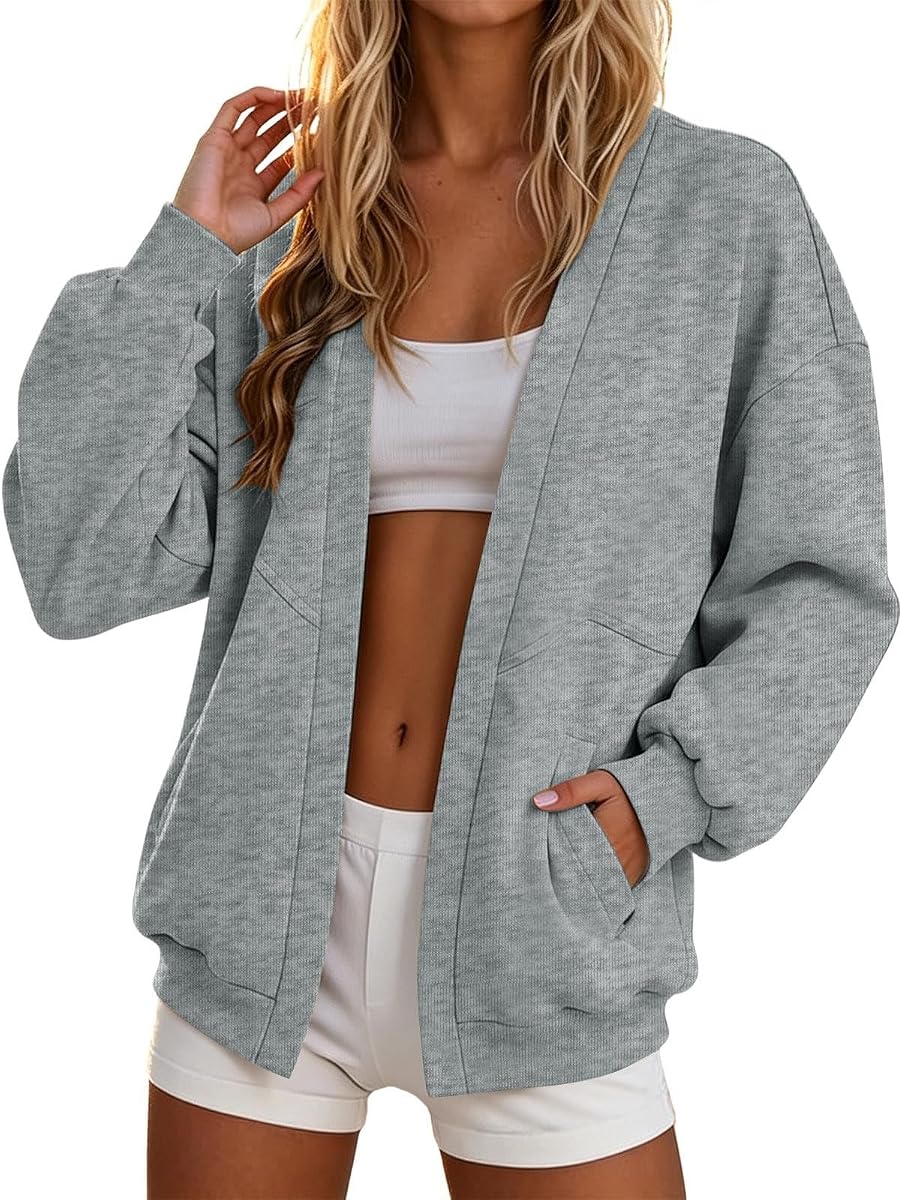 Open Front Sweatshirt Jacket for Women Long Sleeve Casual Collarless No Hood Cardigan with Pockets