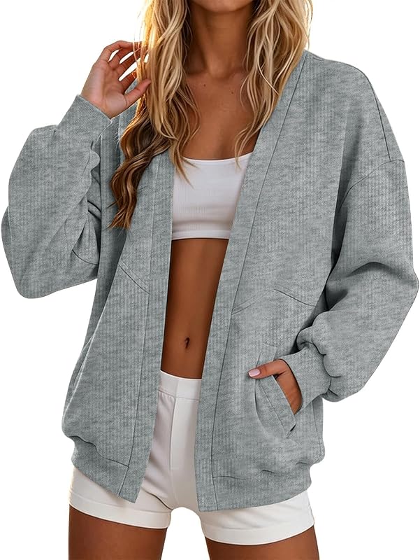 Open Front Sweatshirt Jacket for Women Long Sleeve Casual Collarless No Hood Cardigan with Pockets