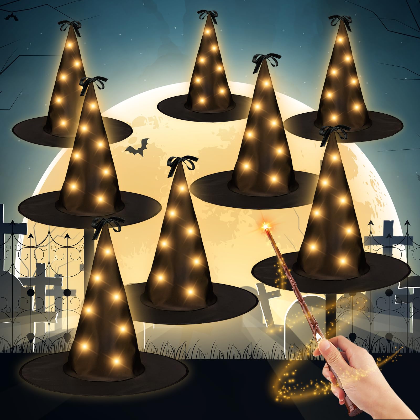 Guirlande Lumineuse Halloween – 8 Chapeaux De Sorcière Suspendus – Télécommande Incluse – Déco Intérieur Et Extérieur
