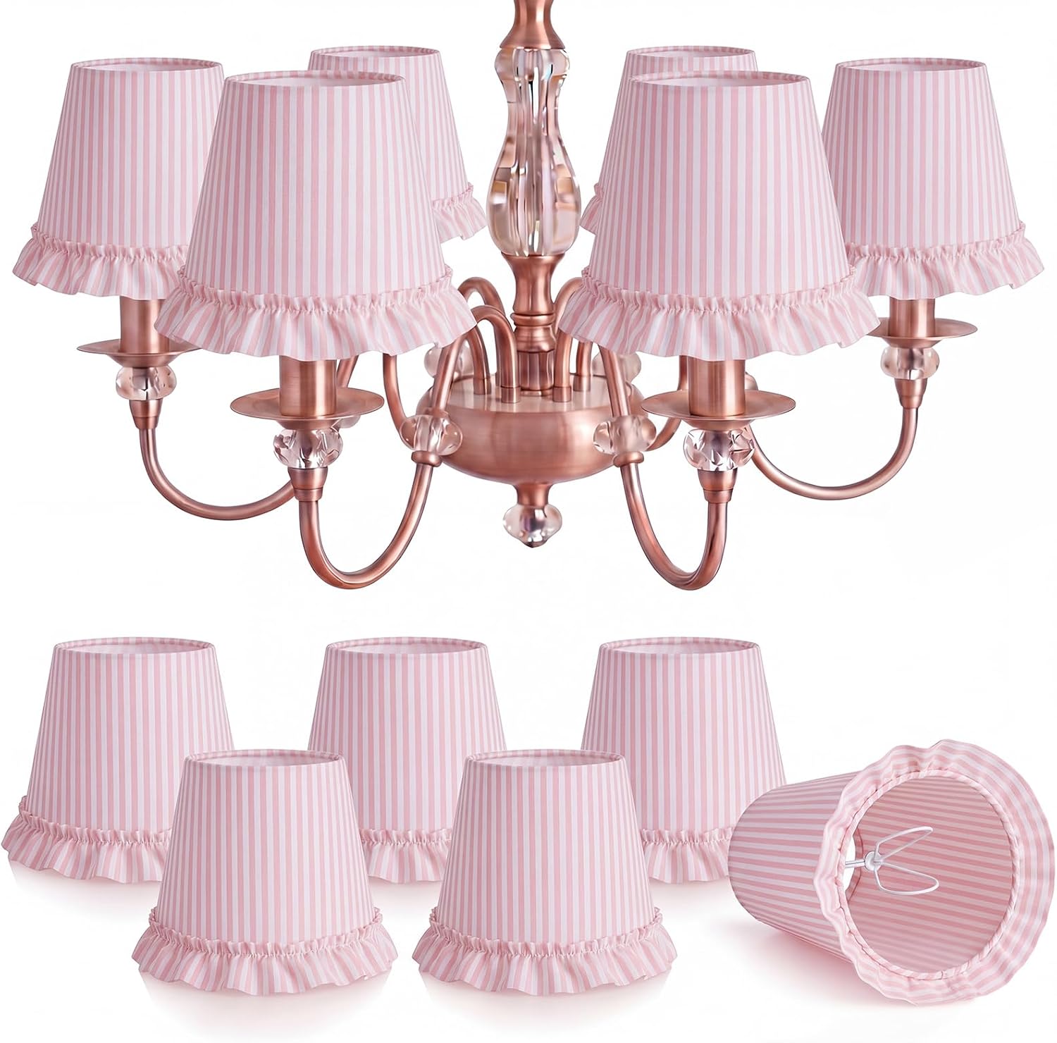 Gerrii 6 Pcs Striped Ruffled Chandelier Lampshade Lamp Shade with Ruffle Trim 3.9" Top x 6.3" Bottom x 5.1" Slant Height Farmhouse Home Decor Clip on Lamp Shades for Table Bedroom Gift(Brown)