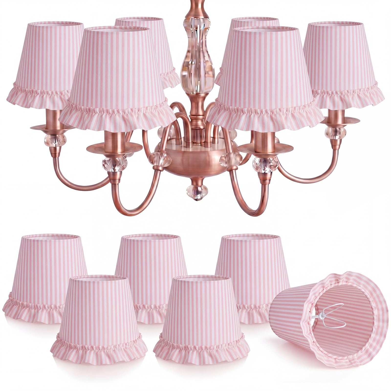 Gerrii 6 Pcs Striped Ruffled Chandelier Lampshade Lamp Shade with Ruffle Trim 3.9" Top x 6.3" Bottom x 5.1" Slant Height Farmhouse Home Decor Clip on Lamp Shades for Table Bedroom Gift(Pink)
