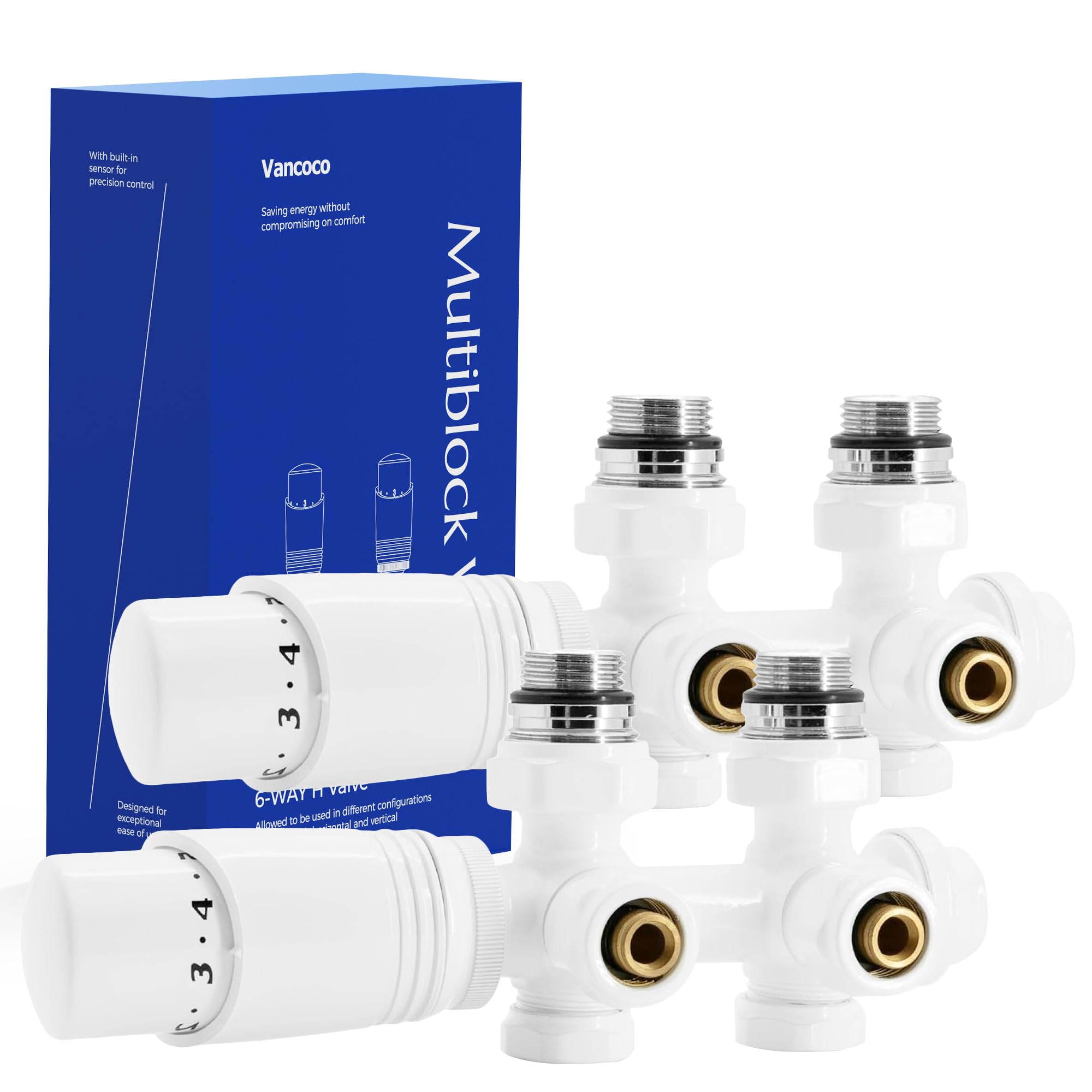 VANCOCO 1/2" Eck Vollweiß Thermostatventil + Rücklaufventil