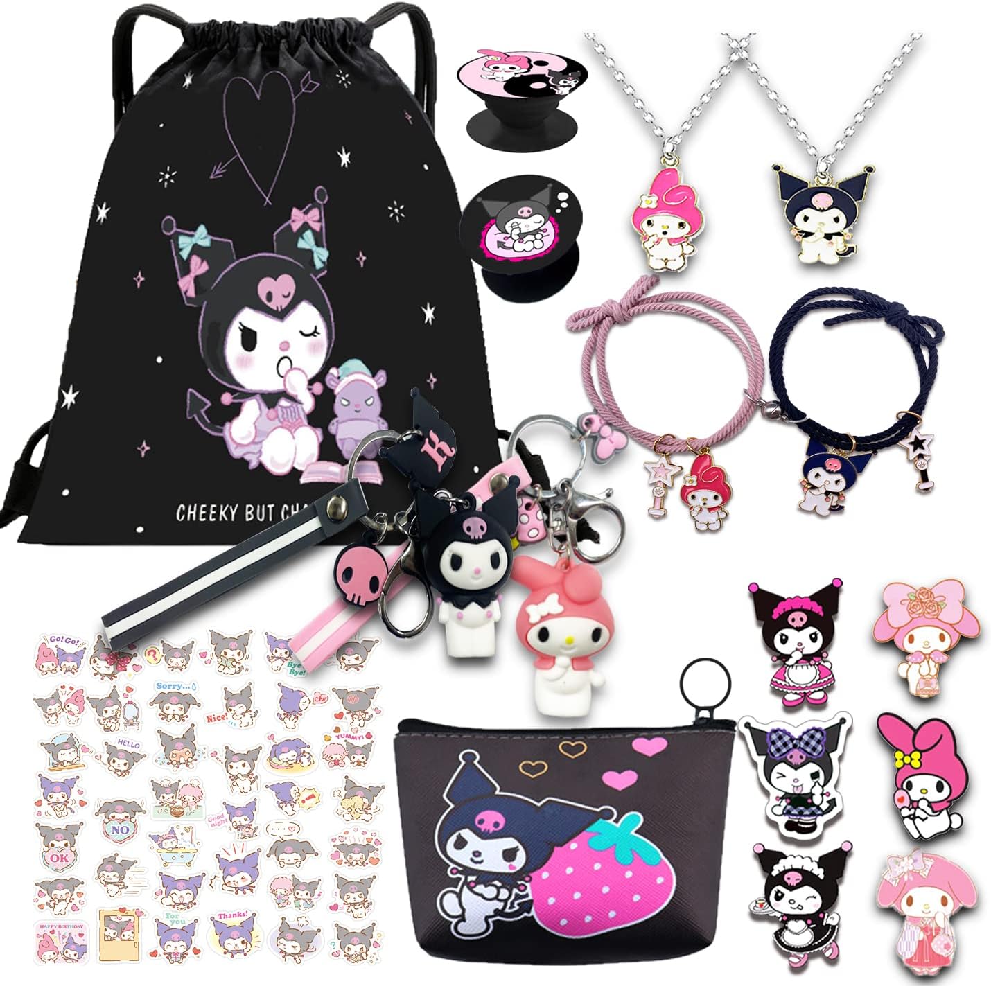 Set for Women, including 1 Drawstring Bag 2 Keychain 4 Bracelets and Necklace Set 1 Mini Purse 1 Pack of Sticker,6 Acrylic Broochs,2 Phone Ring Holders