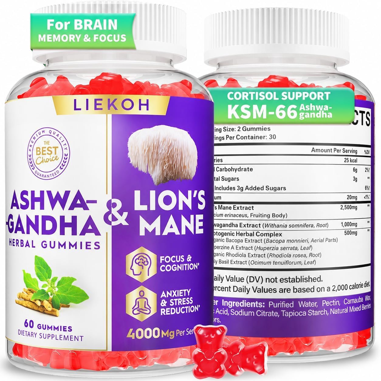 Liekoh Ashwagandha and Lion's Mane Gummies jar