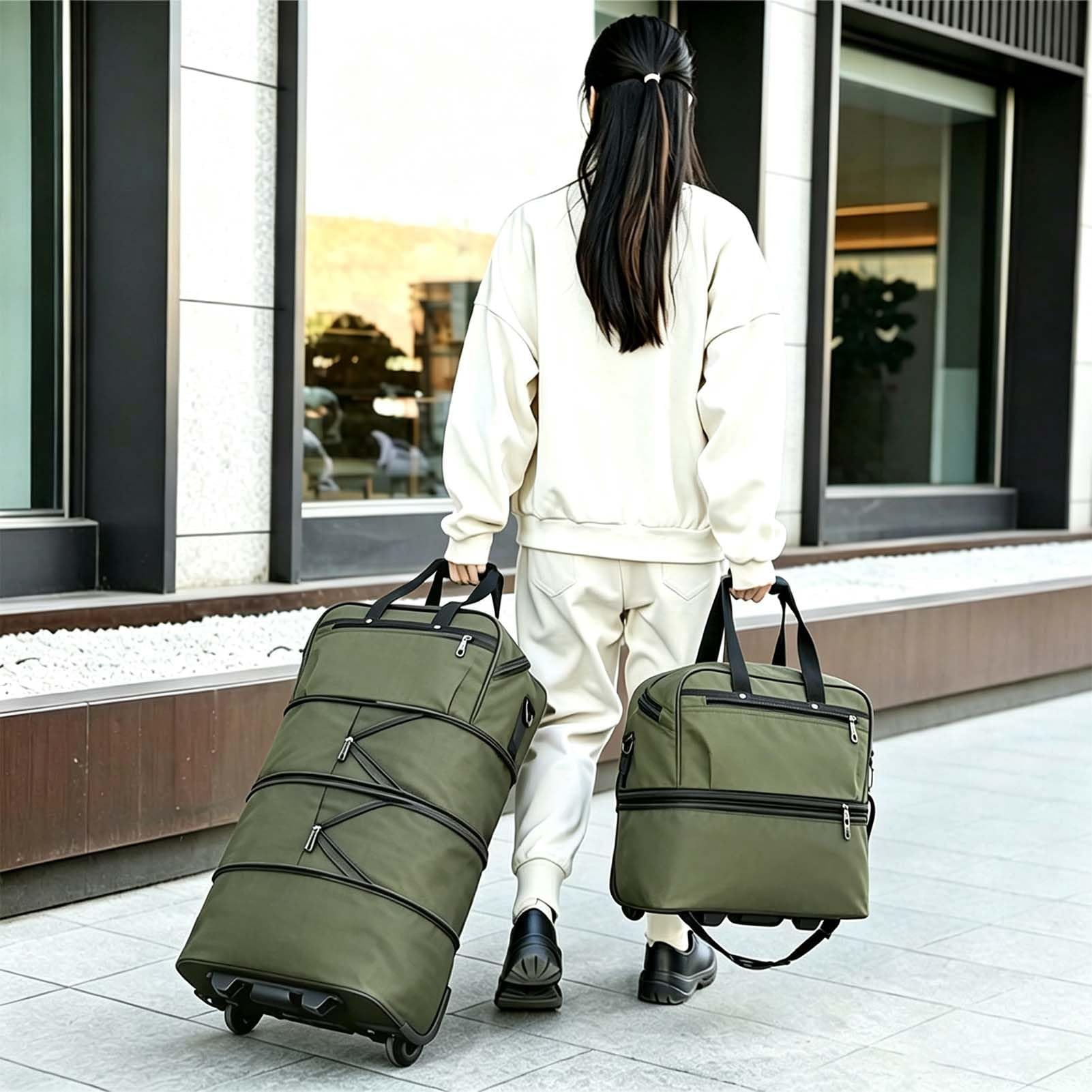 50L Borsone Espandibile con Ruote Borsoni da Viaggio Sportivi Palestra Valigia Morbido Piegevole Borsa Palestra Impermeabile per Weekend Viaggi Brevi con spallacci Wheeled Travel Duffle Bag，Verde
