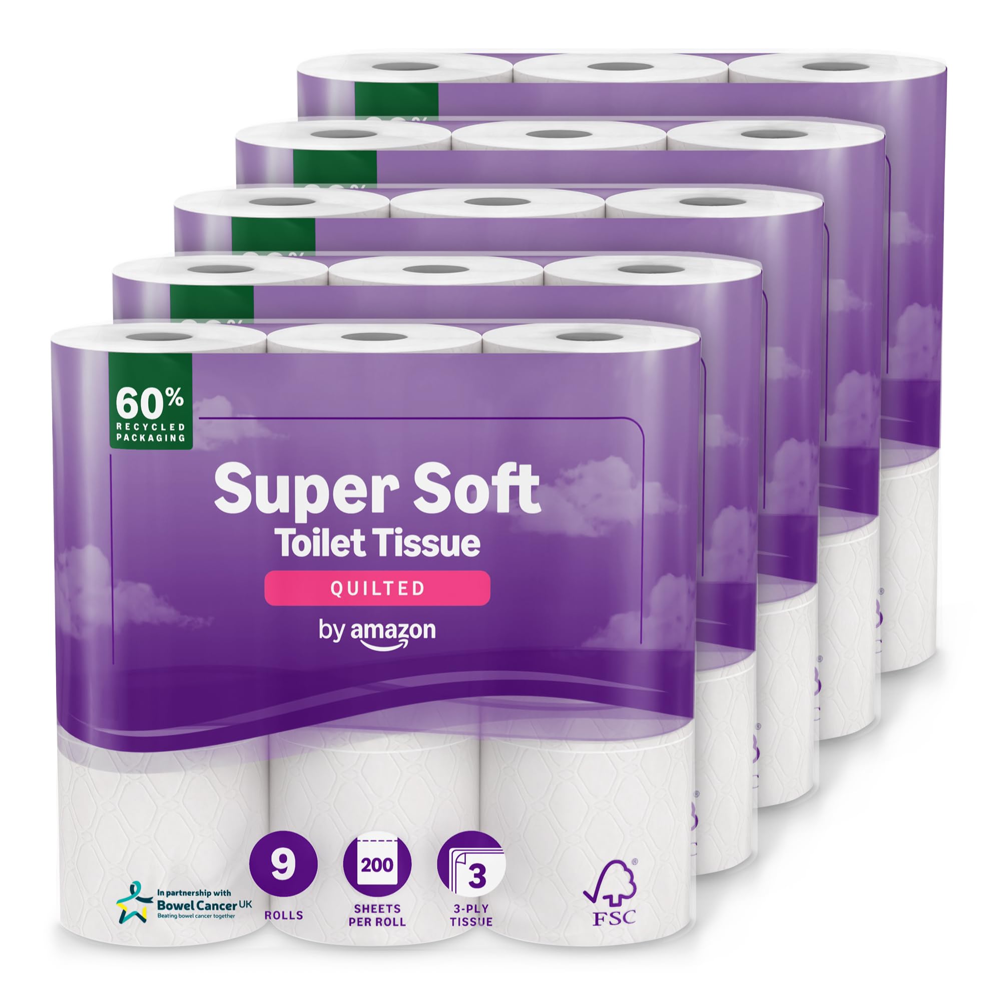 by Amazon Super Soft Toilet Tissue, 3-ply, 45 Rolls (5 Packs of 9), 200 Sheets per Roll, FSC Certified