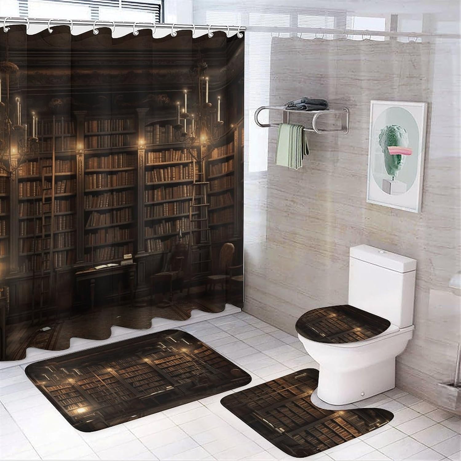 4Pcs Book Room Mysterious Library Bathroom Sets Decor with Non-Slip Rugs Fashion Toilet Lid Cover Exquisite U-Shaped Mat Modern Shower Curtain with 12 Hooks Bathroom Decor Accessories