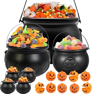 Halloween decorations - 16-piece set, 12.6-inch large black witch pot X3, small black candy bucket x4, orange pumpkin decoration balls x9