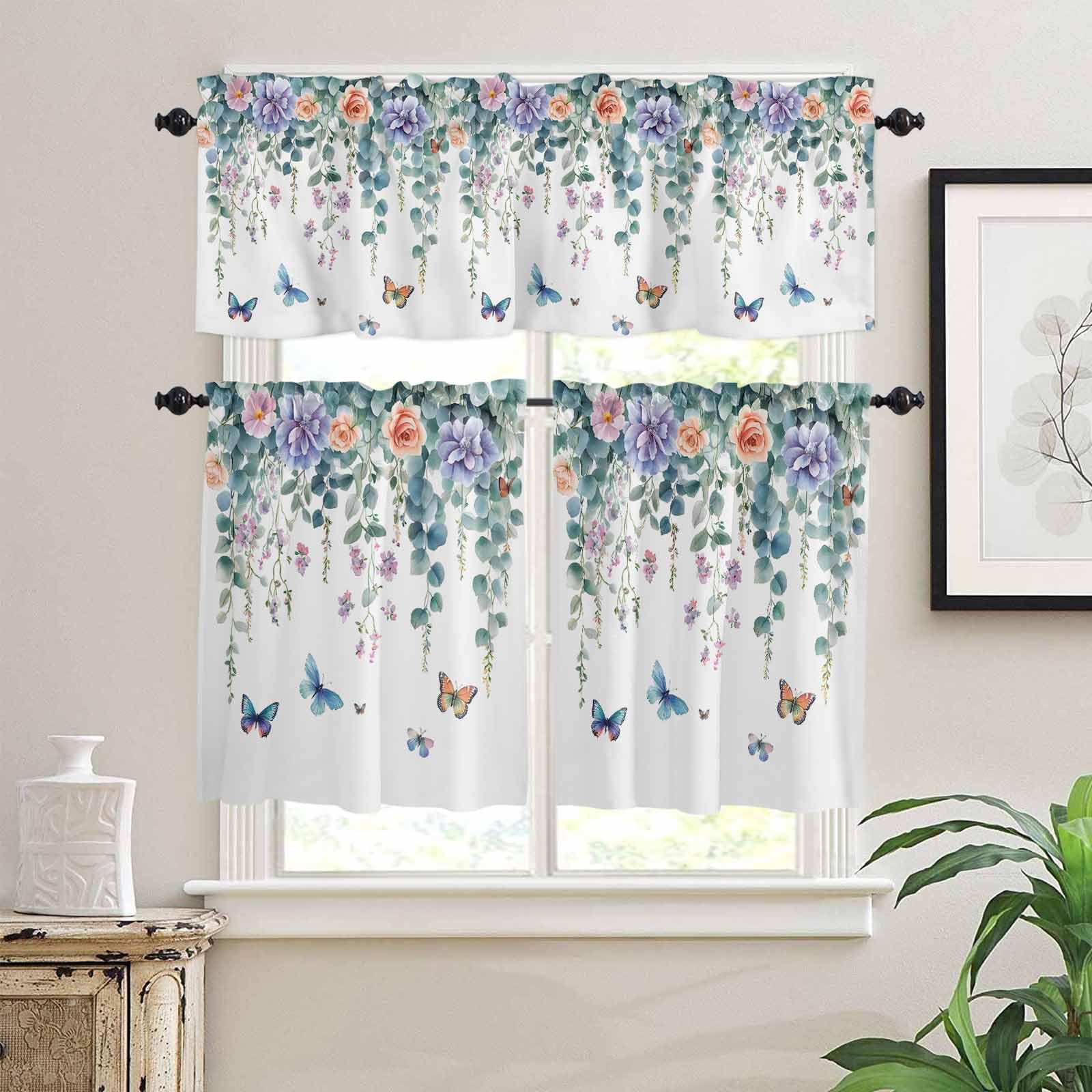 Eucalyptus Butterflies Kitchen Curtains 36 Inch Length, 3 Piece Rod Pocket Small Half Tiers and Valance Set, Spring Garden Botanical Small Large Window Treatment Decor for Bedroom/Bathroom Sink