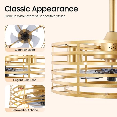 Miniatura 5 de Ventilador de techo sin aspas dorado de 20 pulgadas con luces de montaje empotrado con control remoto, ventilador de techo industrial, lámpara de