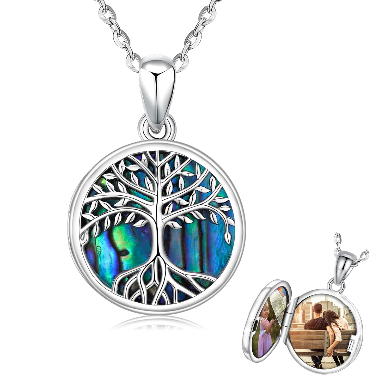Medaglione albero della vita Medaglione a cuore per donna Ciondolo conchiglia di abalone Medaglione con 2 foto Collana per donna Collana con nodo celtico Fiore della vita