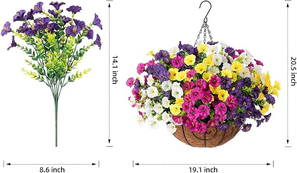 HyeFlora Artificial Fall Hanging Flowers with Basket Faux Plants for Outdoors, Fake Silk Morning Glory with Eucalyptus in Planter UV Resistant Outdoor Flowers for Outside Porch Patio Garden Home