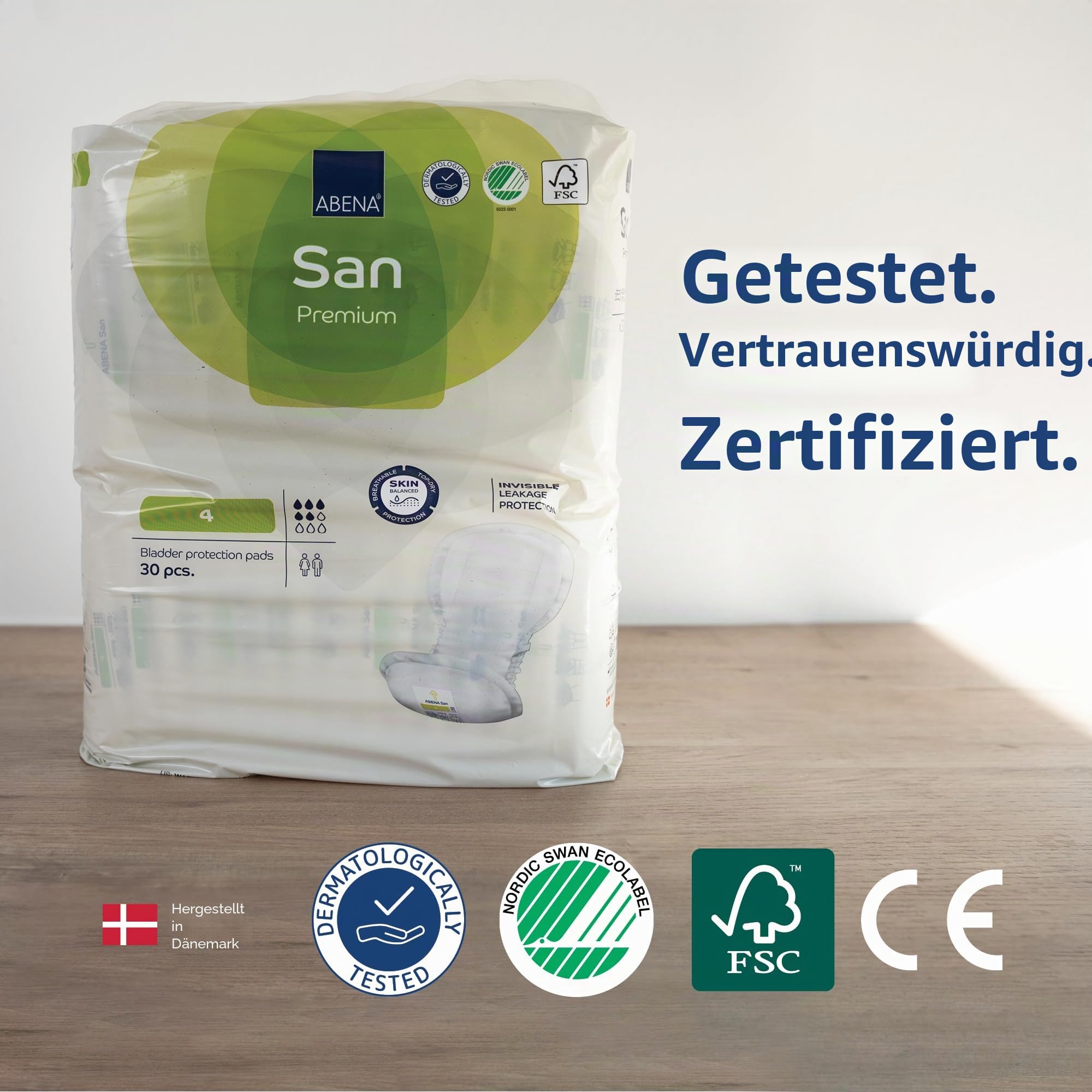 ABENA San Premium Inkontinenzeinlagen für Herren und Damen, atmungsaktiv und bequem, schnelle Absorption, diskret und effektiv geformt, Premium 4, 800 ml Saugfähigkeit, 9 x 30 Stück