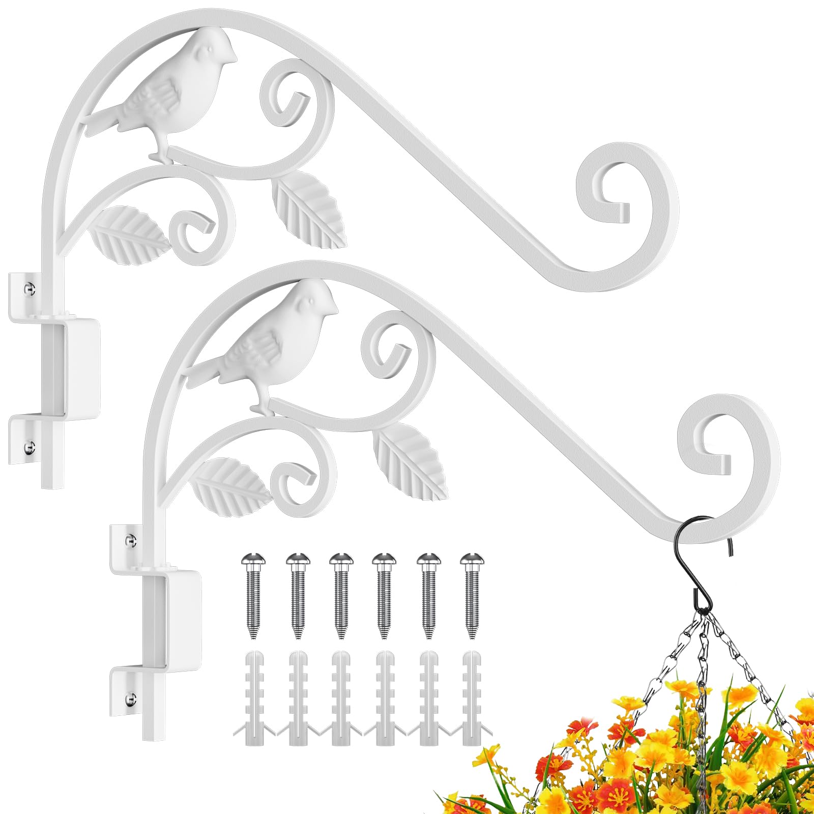 Plant Hangers Outdoor 15.15 inch Swivel Plant Wall Hanger Sturdy Wrought Iron Plant Hangers Indoor Wall Mount, Hanging Plant Bracket for Bird Feeders, Planters, Lanterns, Wind Chime 2 Pack White