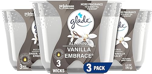 Glade Candle Sheer Vanilla Embrace, vela de fragancia impregnada con aceites esenciales, vela ambientadora, vela de 3 mechas, 6.8 onzas, 3 unidades