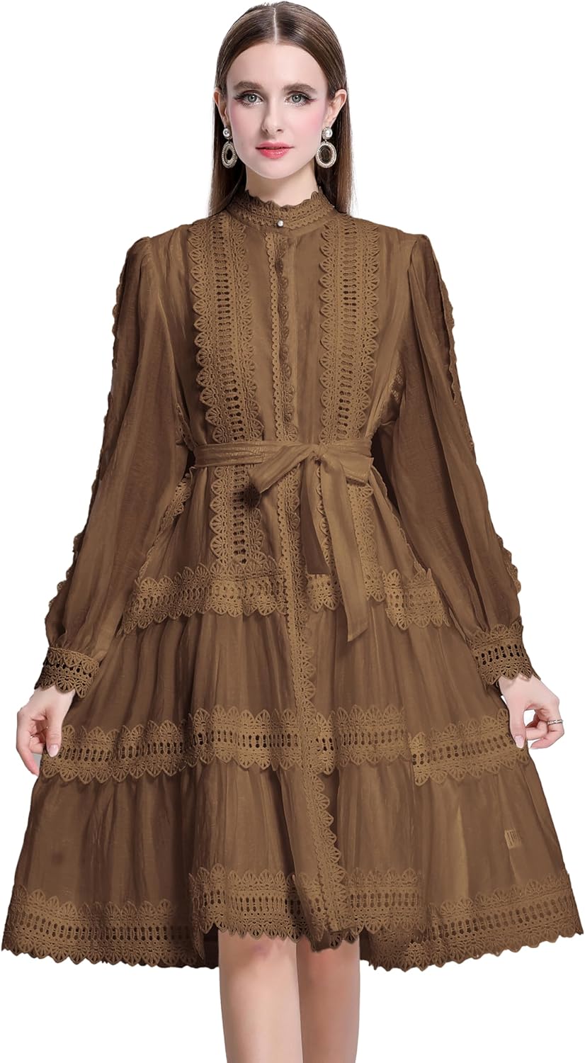 LAI MENG FIVE CATS Women's Summer Hollow Lace Tie Waist Button Lantern Sleeves Loose Midi Dress