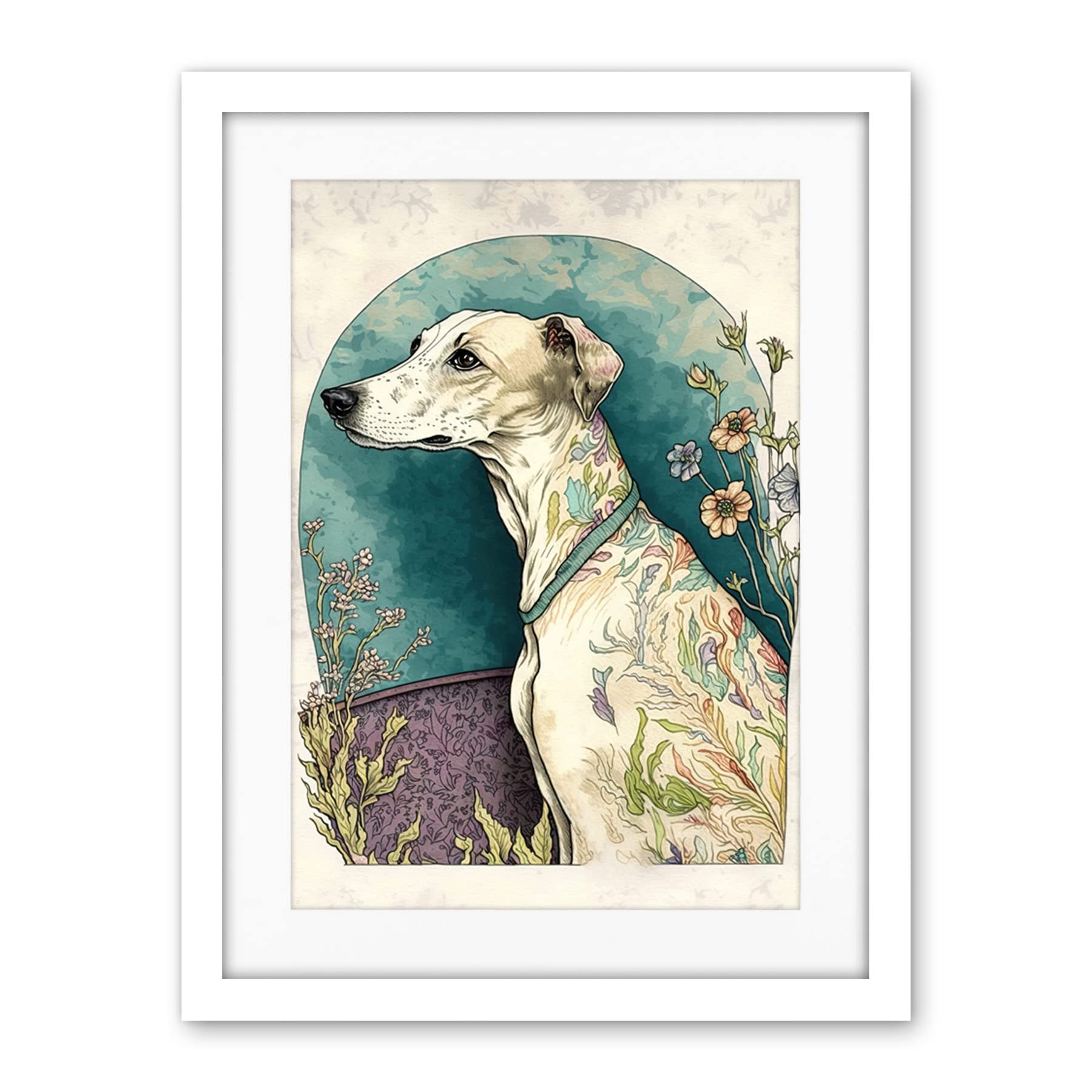 Artery8 Whippet Dog with Flowers Modern Multicoloured Watercolour Illustration Artwork Framed Wall Art Print 18X24 Inch