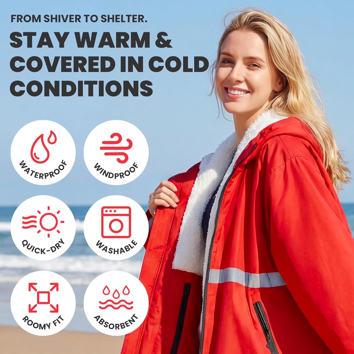 Owntop Swim Parka Adult Kids | Waterproof & Quick-dry | 2-Way Zipper | Oversized Hooded Changing Robe for Beach Pool - Image 4