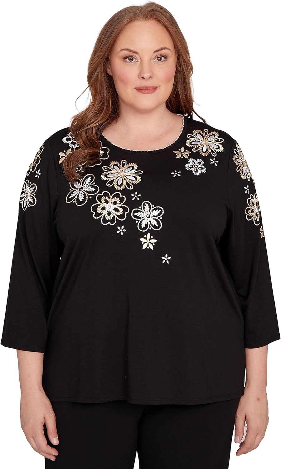 Gold Floral Embroidered Three Quarter Sleeve Top