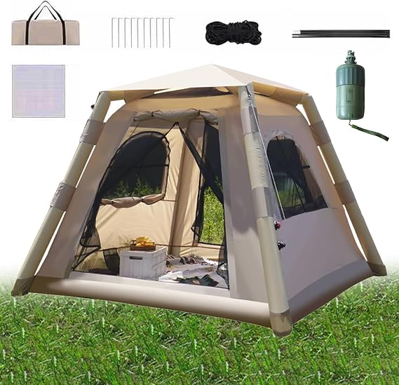 Inflatable Camping Tent, Portable Easy Setup Waterproof Windproof UV-Proof for 2-4 Persons, Ideal for Outdoor Camping, Festivals, Backyard Sleepovers with Carry Bag and Large Mesh Windows