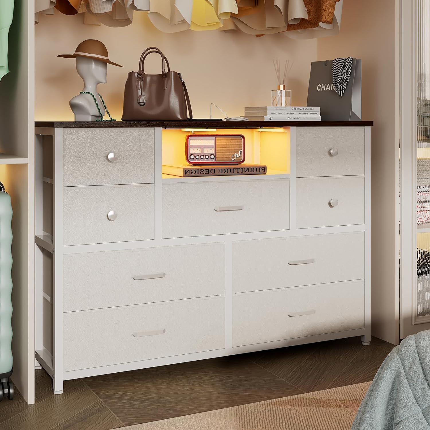 Dresser for Bedroom with 9 Drawers, White Storage Organizer TV Stand for 55" TV with LED Lights and Sockets, Fabric Chest of Drawers with PU Finish for Closets, Entryway, Living Room, Hallway