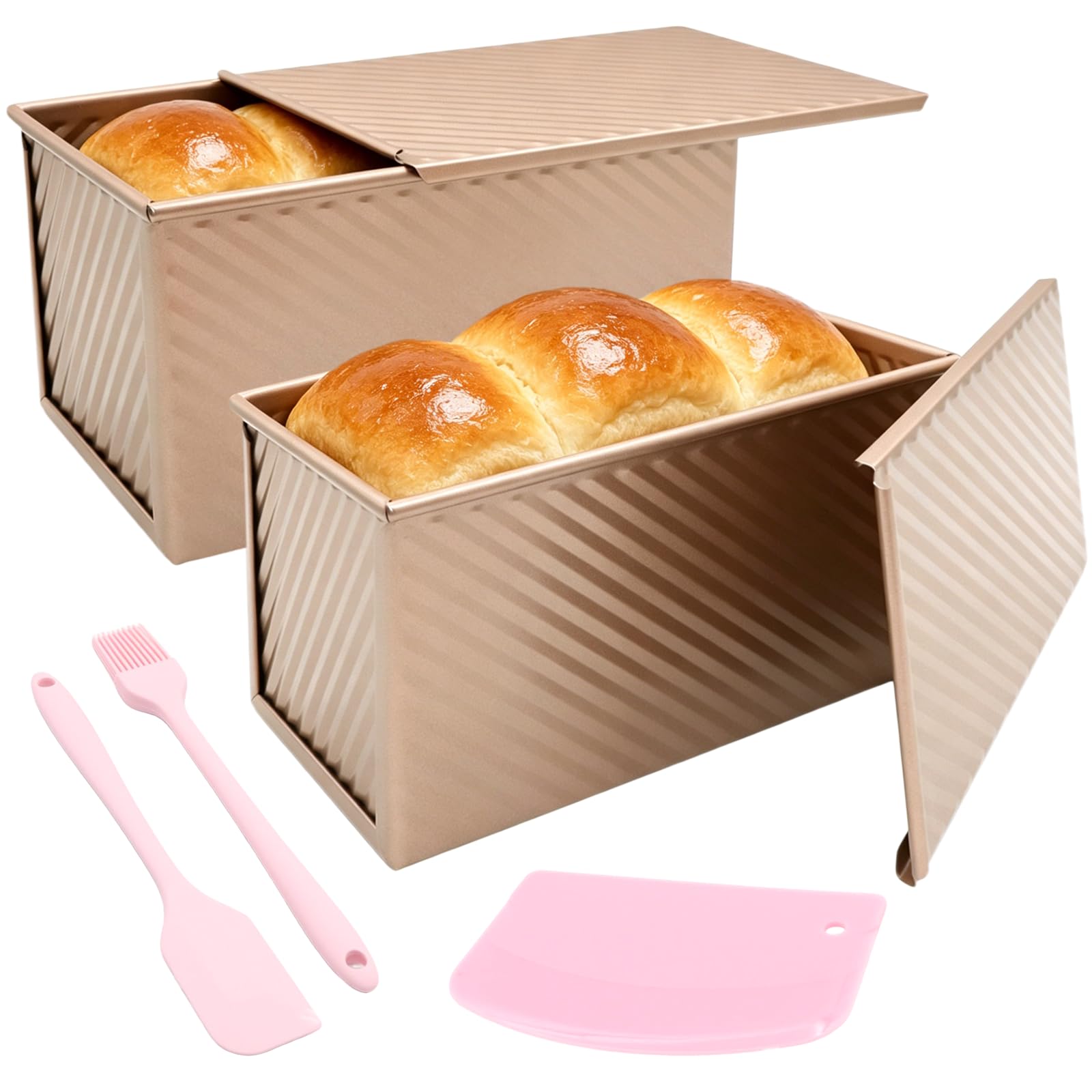Yuaerbuo 2 Pack Rose Gold Loaf Tin with Lid, Non Stick Corrugated Bread Tin with Lid for Baking Bread Cakes Carbon Steel (450g) 1lb Pullman Loaf Tins Homemade Toast, Includes Scraper, Brush & Spatula